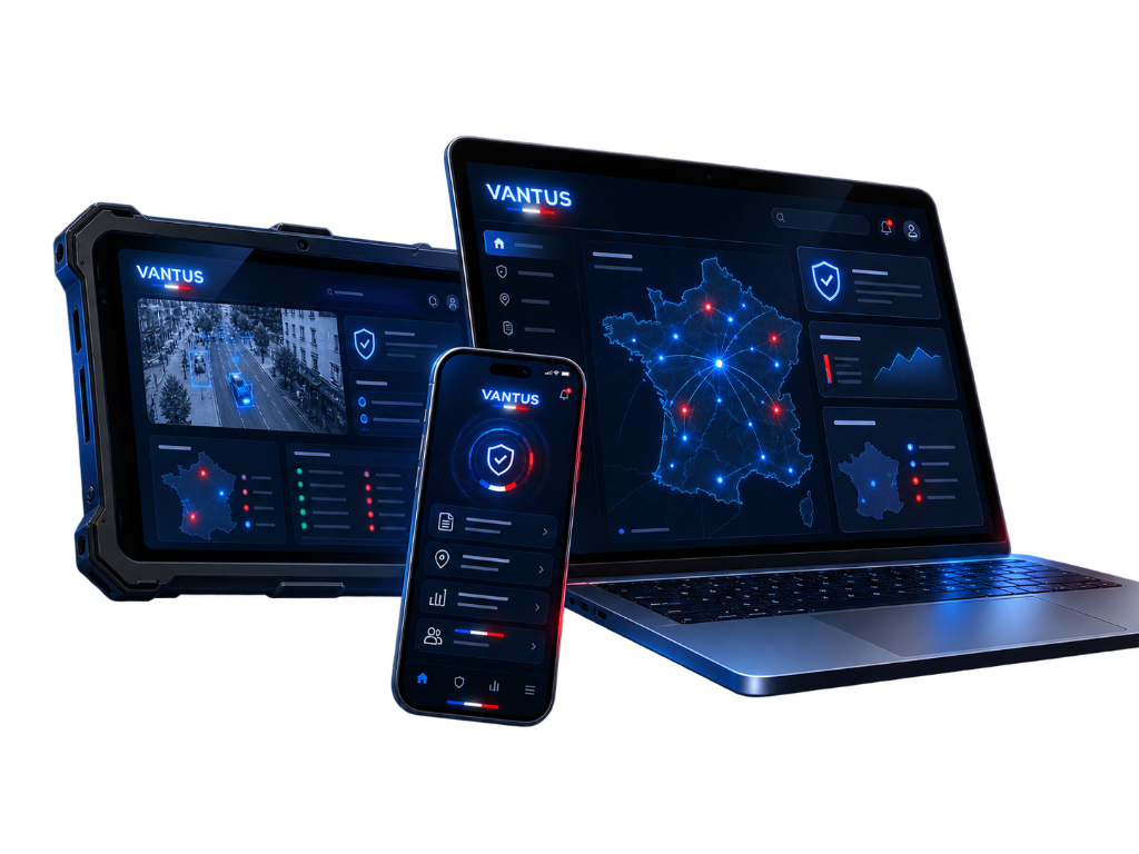 Tablette, téléphone et ordinateur affichant la plateforme Vantus